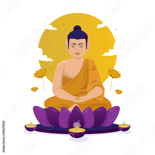 A Buddha is sitting in meditation worship, Vesak day vector illustration