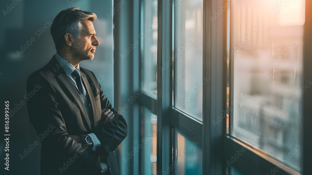 Businessman standing next to window looking out : Generative AI Businessman standing next to window looking out : Generative AI