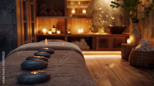 A cozy spa room featuring a hot stone massage setup, with smooth stones heated and ready to be placed on the client's back
