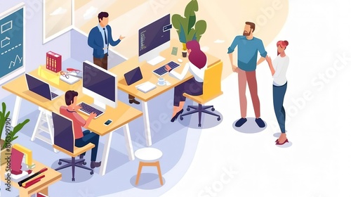 isometric illustration of a modern office with employees working at their desks, talking, and collaborating.