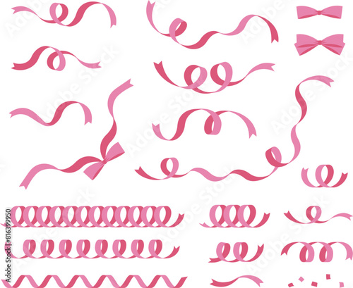 ピンク色のくるくるしたリボンのイラストセット
