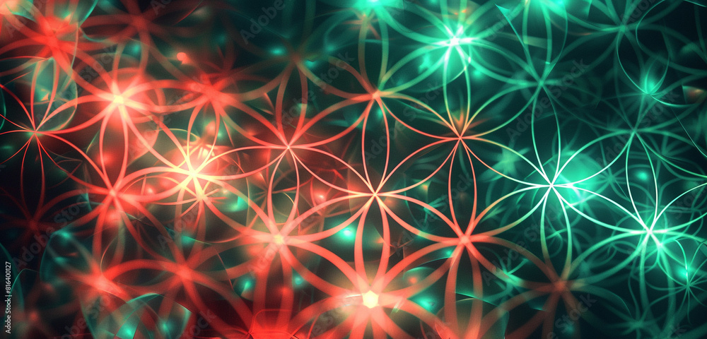 Radiant abstract glowing coral, deep green Flower of Life. Radiant abstract glowing coral, deep green Flower of Life.