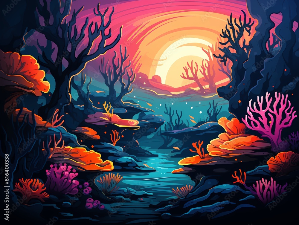 Fototapeta Contrast background flat design side view underwater theme cartoon drawing Triadic Color Scheme