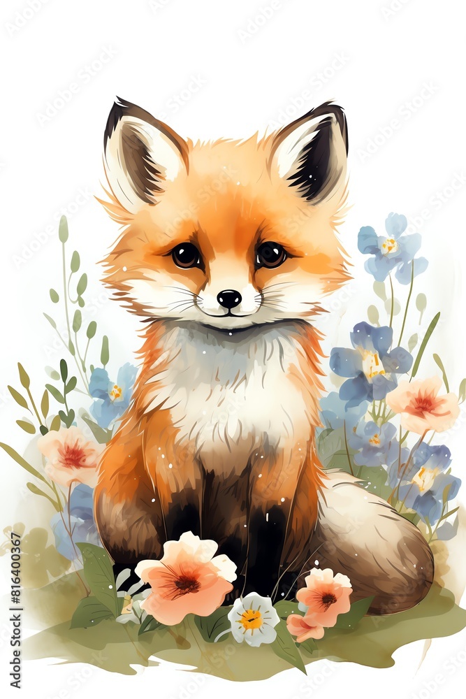 Fototapeta premium Cute pop animal flat design front view garden theme water color Analogous Color Scheme