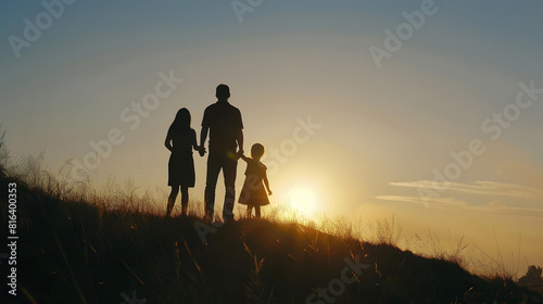 Silhouette of a family  father mother and daughter standing on the hill with their backs to the camera and looking to the horizon on the sunset   Generative AI