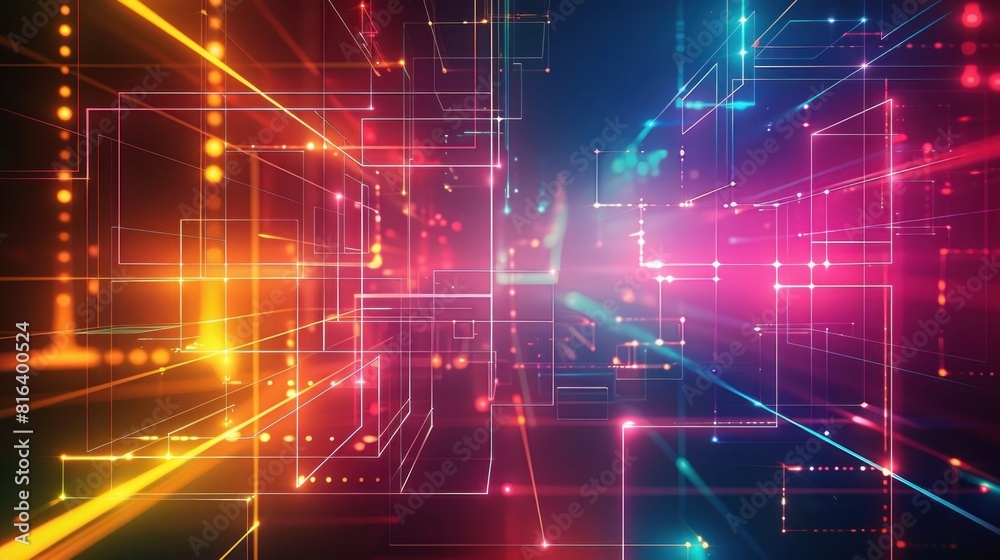 A colorful, abstract image of a cityscape with bright lights and lines.