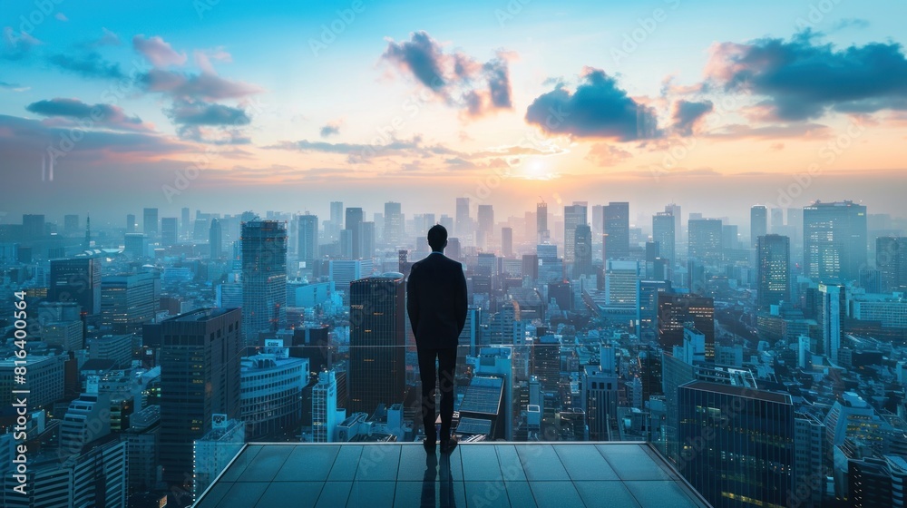 Businessman standing on a rooftop terrace overlooking the urban landscape, representing the financial success achieved through passive income ventures.