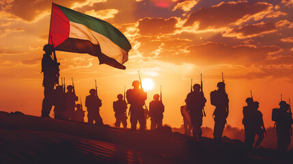 Silhouettes of soldiers with the flag of UAE against sunset or sunrise Concept of national holidays Commemoration Day : Generative AI