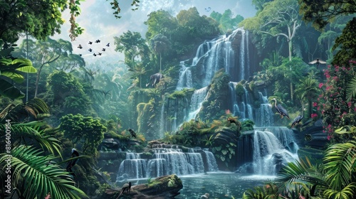 A lush green jungle with a river flowing through it.