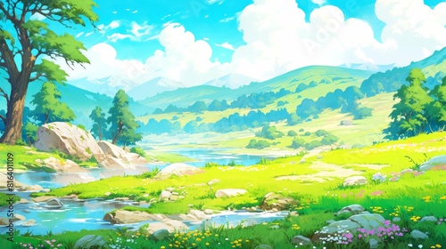 illustration art style anime of spring, autumn, summer, winter, background