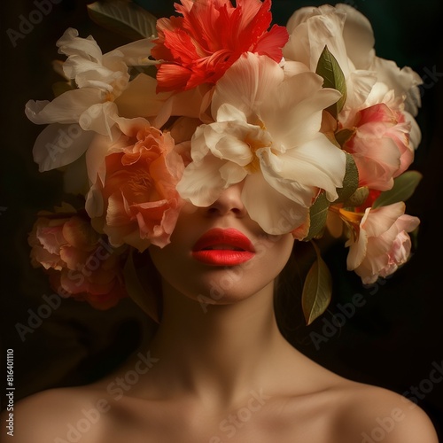 Una mujer de piel trigueña con hermosas flores que le cubren toda la cabeza