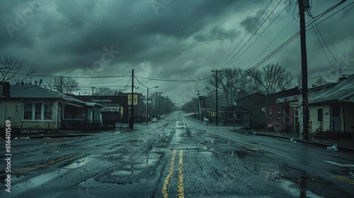 Gray clouds looming over a deserted city street on a gloomy Monday morning..