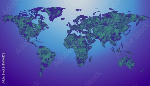 flat world map created from moss and greenery against blue background representing water.