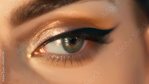 A close up of a gl eye enhanced with perfectly applied winged eyeliner and rich pigmented eyeshadow. photo