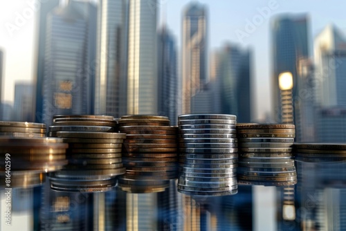 stacked of coins with blurred skyscrappers background photo