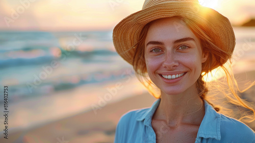 Portrait of a cheerful young woman in a blue shirt and straw hat smiling at the camera on the beach with ocean waves at sunset