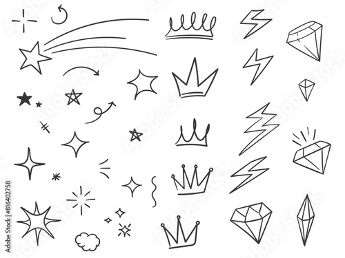Hand drawn scribble  doodle stars crown  storm and diamond