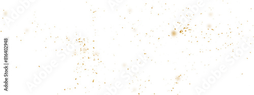 Abstract doted and confetti golden glitter and dust particles splatter on transparent background. Dust golden grunge background. Vector illustration.