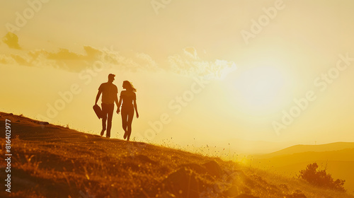 silhouettes of couple at sunset against bright sun sky man and woman have fun in nature walking and relaxing relationships and falling in love poster postcard romantic meetings against   Generative AI