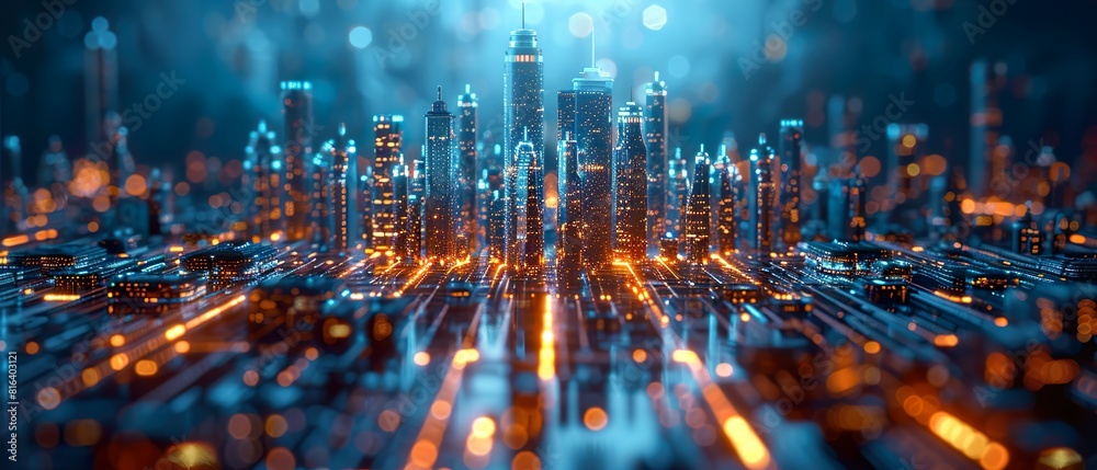 Obraz premium Digital Futurescape: Dynamic Visualization of Data, Cyber Cityscapes, and Quantum Networks in Futuristic Tech Landscapes