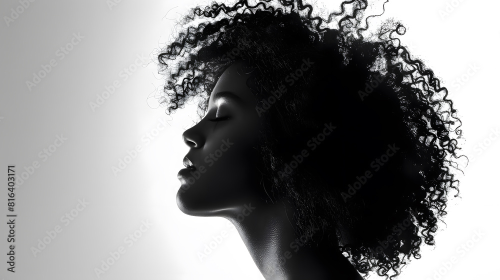 curly Hair Girl silhouette Beautiful young Woman in white studio Black and white portrait : Generative AI