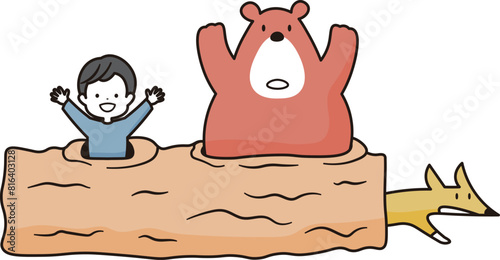 枯れ木の穴から男の子と熊と狐が顔を出しているイラスト素材