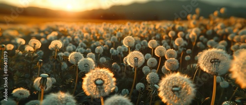 A field of dandelions in full bloom, their fluffy seed heads ready to be carried by the wind