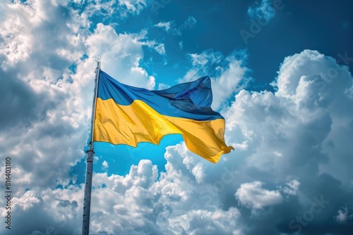 National flag of Ukraine on pole against blue cloudy sky, Ukrainian symbol