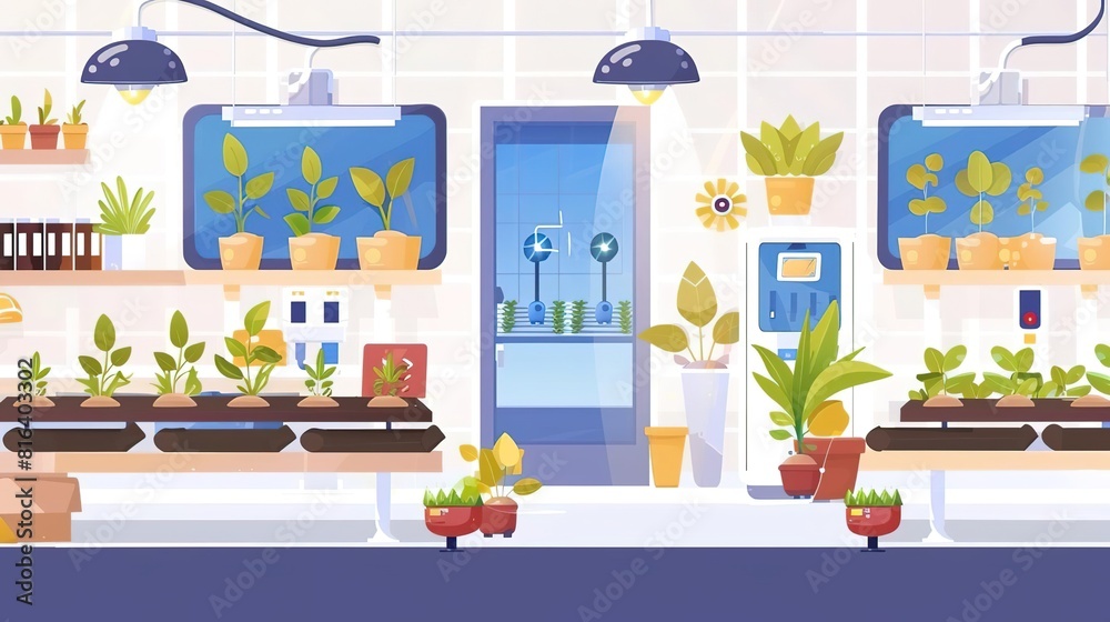A modern greenhouse with a variety of plants growing in it. The greenhouse is equipped with climate control, and the plants are watered and fertilized automatically. A modern greenhouse with a variety of plants growing in it. The greenhouse is equipped with climate control, and the plants are watered and fertilized automatically.