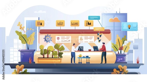 An illustration of a man and woman working in a modern office