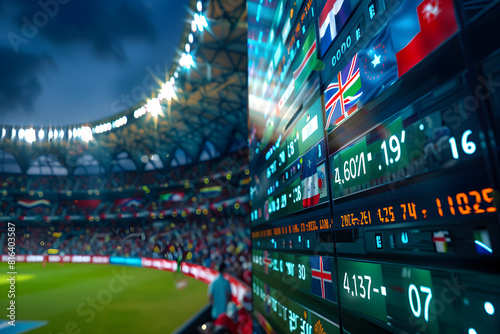 Captivating Snapshot of a World Cup Cricket Scoreboard Displaying Detailed Match Statistics in a Packed Stadium