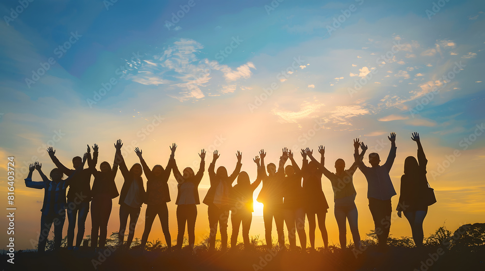 Silhouette of group happy business team making high hands over head in beautiful sunset sky evening time for business success and teamwork concept in company : Generative AI Silhouette of group happy business team making high hands over head in beautiful sunset sky evening time for business success and teamwork concept in company : Generative AI