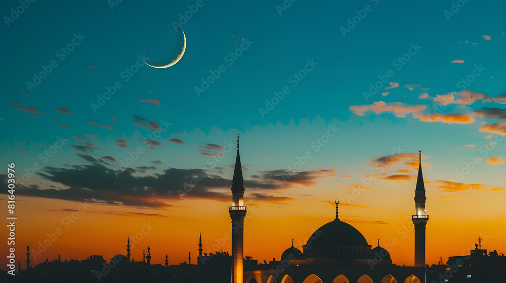 Obraz premium Mosque sunset sky moon holy night islamic night and silhouette mosque panaromic islamic wallpaper : Generative AI