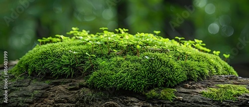 A patch of moss growing on a tree trunk, creating a soft and vibrant carpet of green © Pairat