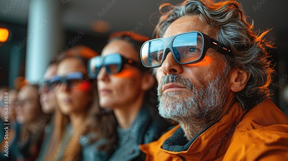 A group of people wearing augmented reality glasses are watching a live sports event