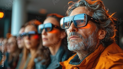 A group of people wearing augmented reality glasses are watching a live sports event