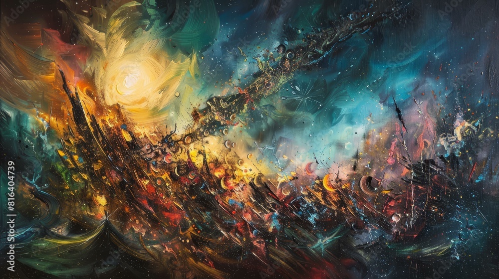 Explore a vibrant painting depicting a lively, actionfilled moment. Explore a vibrant painting depicting a lively, actionfilled moment.