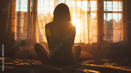 silhouette of woman sitting on the bed beside the windows with sunlight in the morning   Generative AI