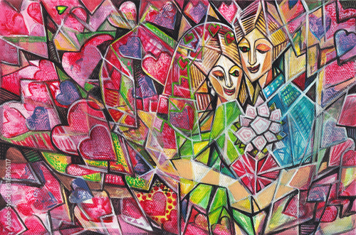 Wallpaper Mural Abstract art couple love valentine day design by hand acrylic color painting on canvas. Torontodigital.ca