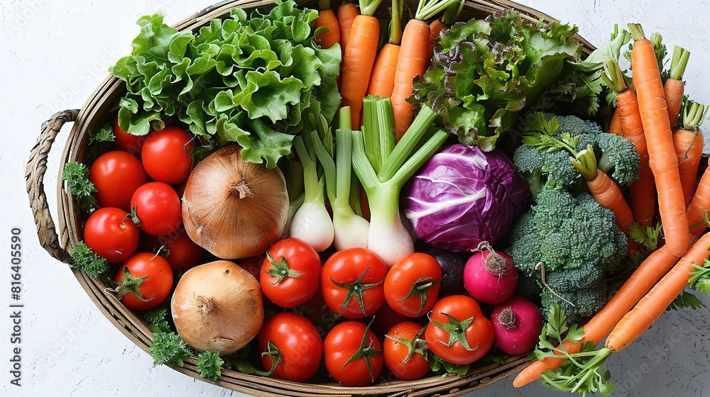 A variety of fresh vegetables, including carrots, broccoli, lettuce, cabbage, and tomatoes are arranged in a basket.