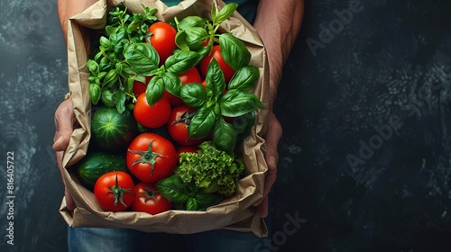 A person holding a paper bag full of fresh vegetables photo