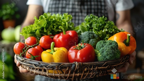 A farmer holds a basket full of fresh vegetables. The farmer is wearing a plaid shirt and jeans. The background is a rustic wooden fence. The farmer is smiling and looks happy.