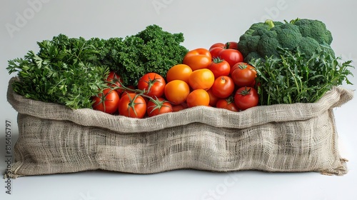 A burlap sack filled with fresh, organic vegetables, including tomatoes, broccoli, and herbs. The sack is sitting on a white background. photo