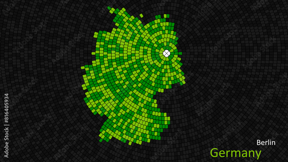 Fototapeta premium A map of Germany is presented as a mosaic with a dark background, and the country's borders are outlined in the shape of a colorful mosaic, centered around the capital city.