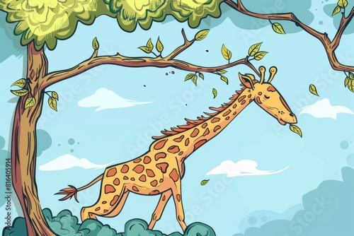 Cartoon cute doodles of a clumsy giraffe trying to reach for leaves on a high tree branch and stumbling over its long legs, Generative AI photo