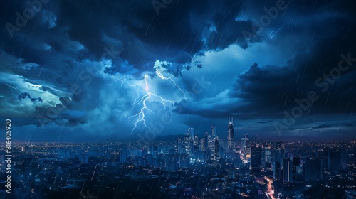Big Thunderstorm with Lightning over huge city at night, AI Generated