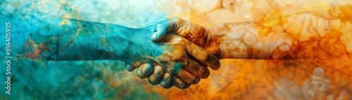 A double exposure of a handshake and a peace treaty, representing the hope for diplomacy and conflict resolution