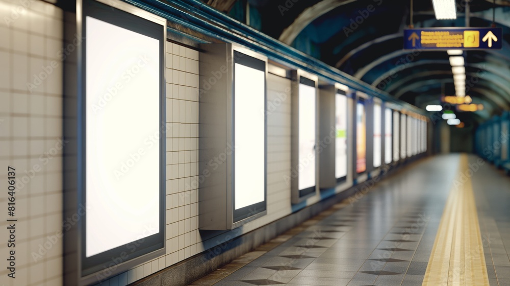 Late evening view of blank advertisements in a subway station corridor. Late evening view of blank advertisements in a subway station corridor.