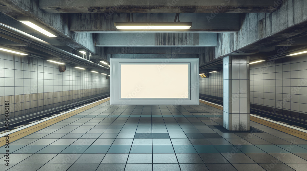 Modern subway station platform with empty digital advertisement screen during daytime. Modern subway station platform with empty digital advertisement screen during daytime.