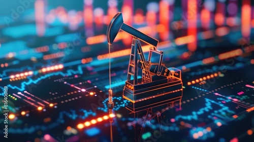 Oil and gas industry concept with oil pump, chart of stock market exchange or Financial combining. Technology background with hologram elements for financial business illustration. , photo